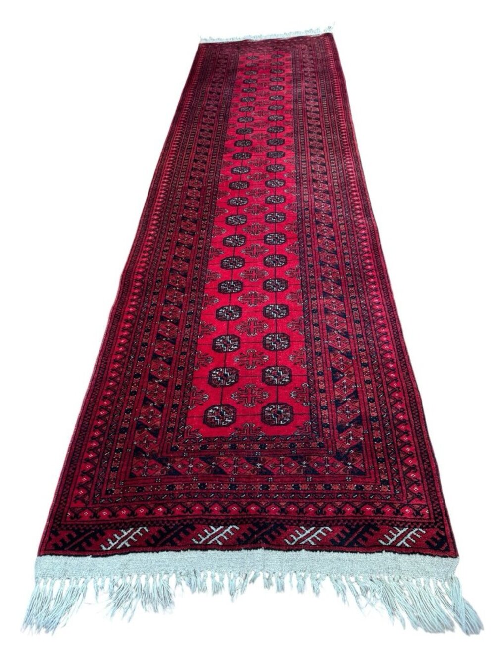 Vintage Hand-Knotted Afghan Bokhara Wool Runner Rug  9’11” x 2’9”  Red